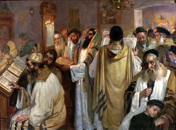 Painting of worshippers in white robes and prayer shawls inside a crowded synagogue.
