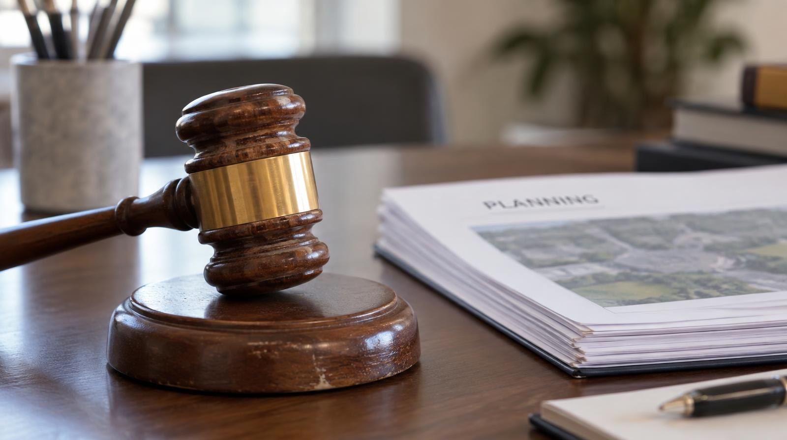 Wooden gavel resting on its sound block beside stacked documents on a desk.