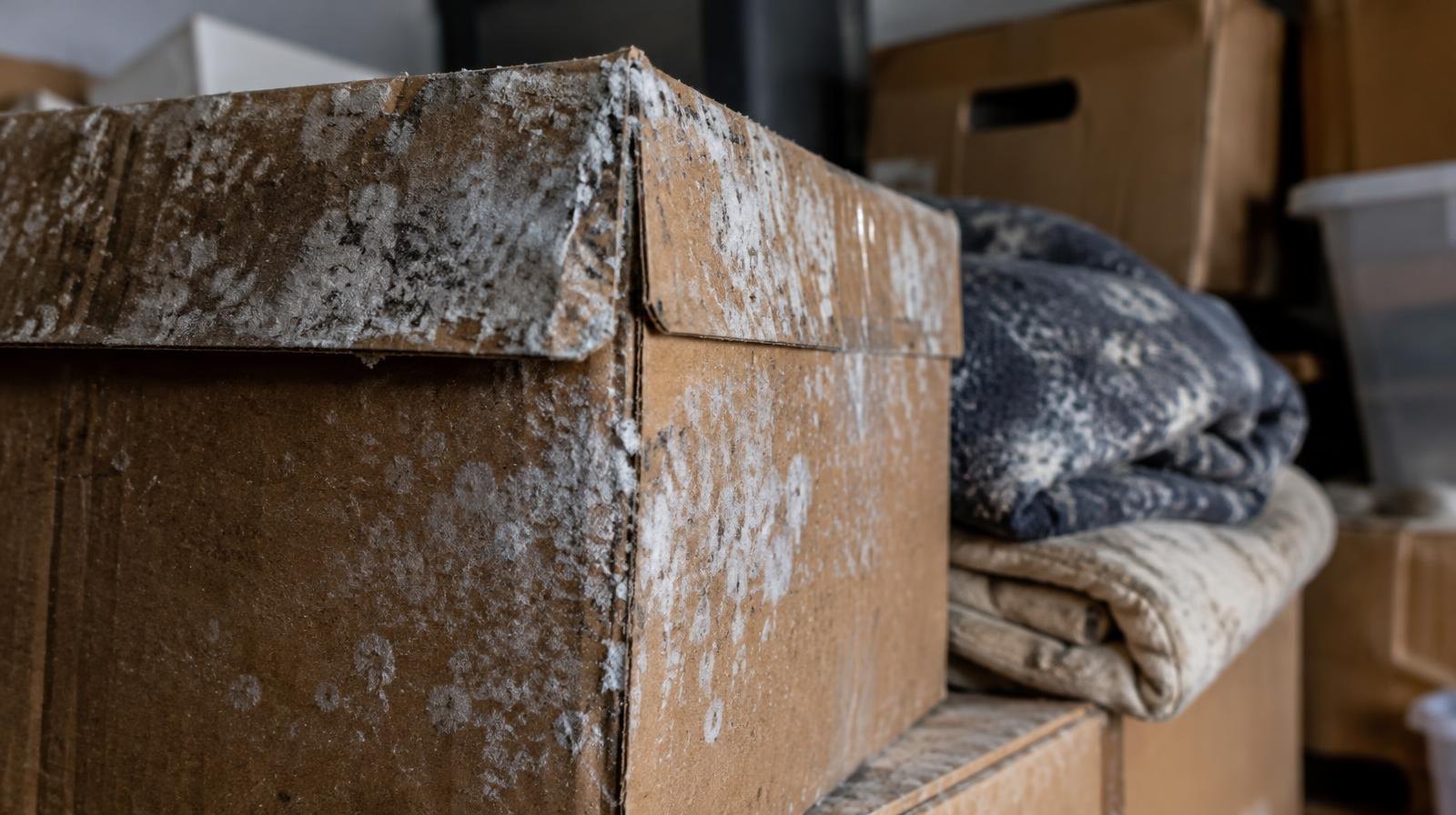 White mold covering cardboard boxes and fabric items in a storage unit.