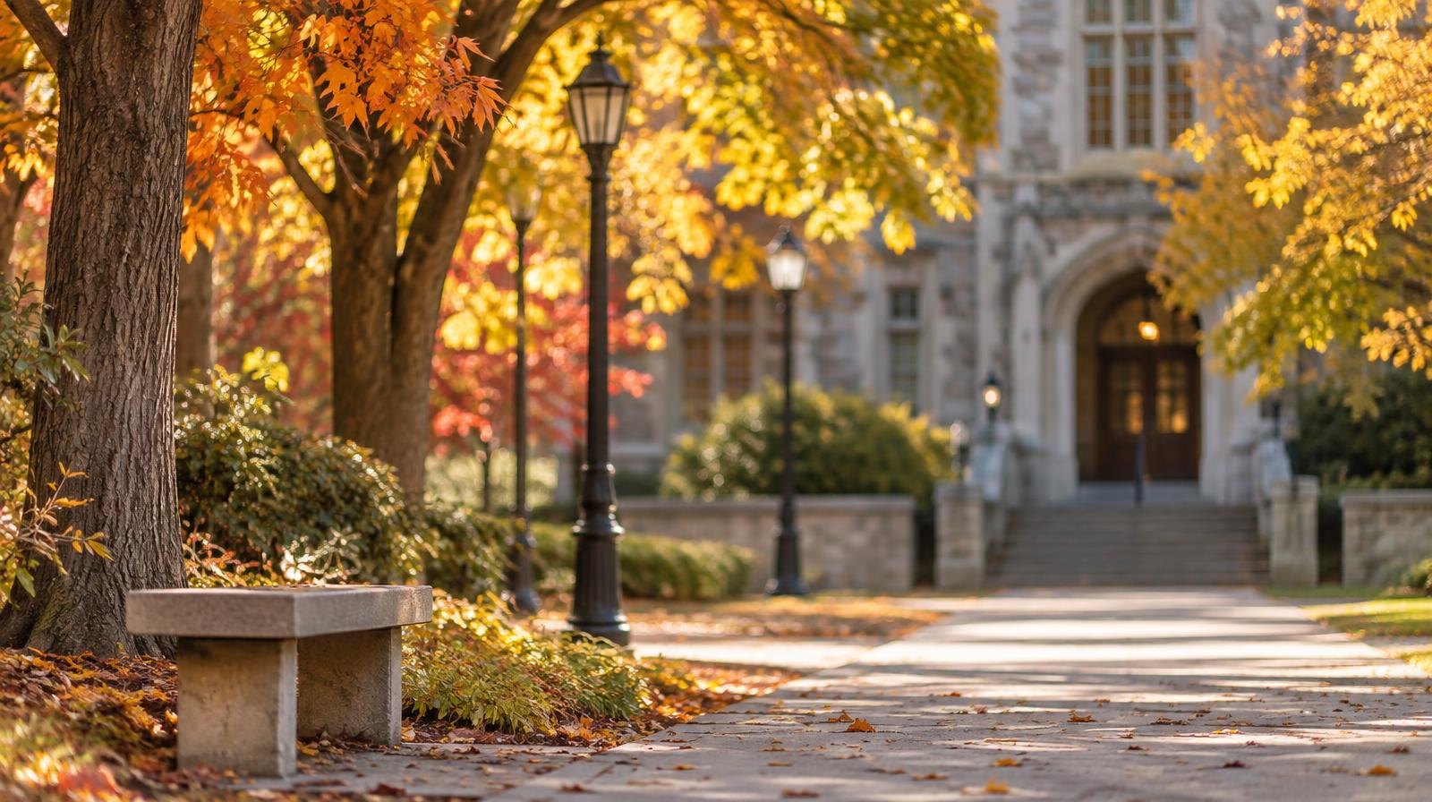 Autumn campus pathway with mature trees and a stone building in the distance.