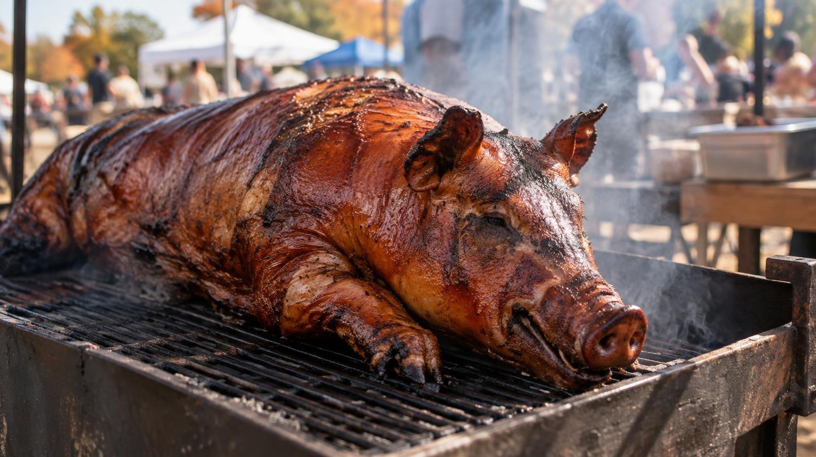 A whole smoked hog on a large outdoor barbecue grill with wisps of smoke.