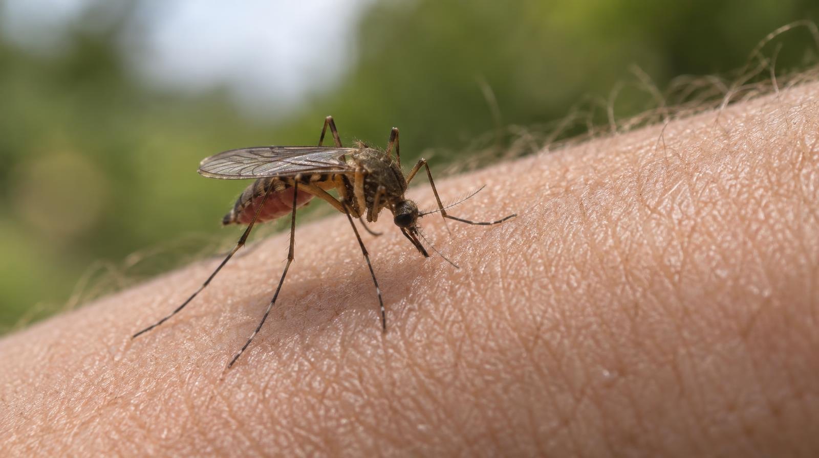 A close-up of a mosquito resting on human skin in natural daylight.