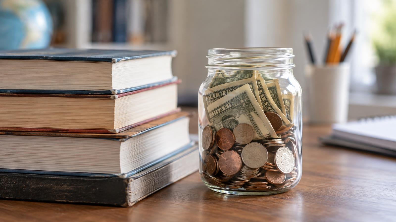 Stack of textbooks next to a glass jar filled with coins and folded dollar bills on a wooden desk.