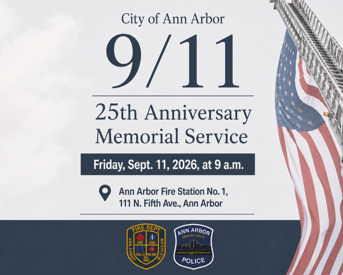 Event flyer for the Ann Arbor 9/11 25th Anniversary Memorial Service showing date, time, location, and department logos.