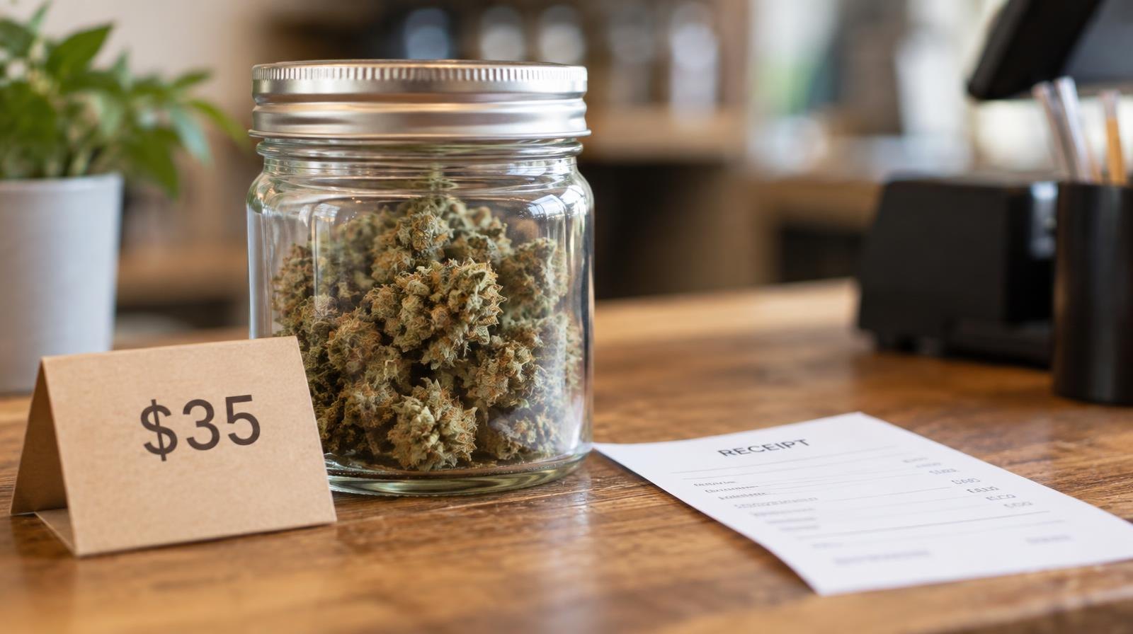 Glass jar of cannabis flower next to a price tag and receipt on a wooden surface.
