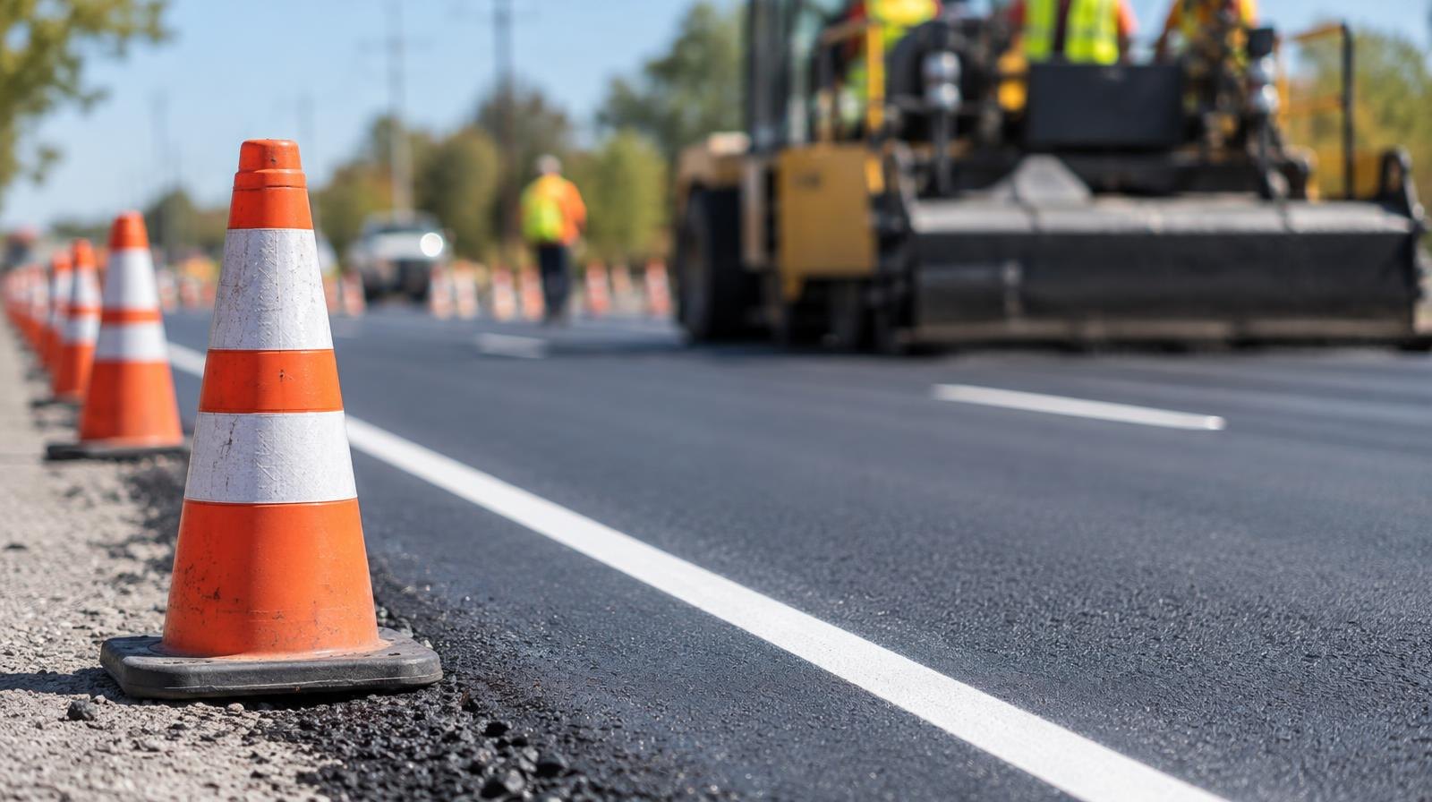 Freshly paved asphalt road with new lane markings and orange traffic cones along the edge.