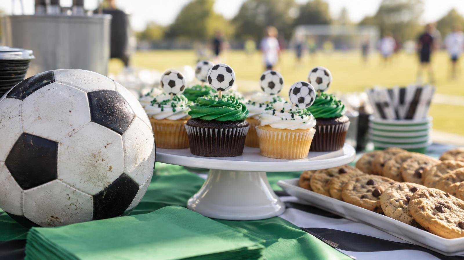 Cupcakes and cookies on a table beside a soccer ball outdoors.