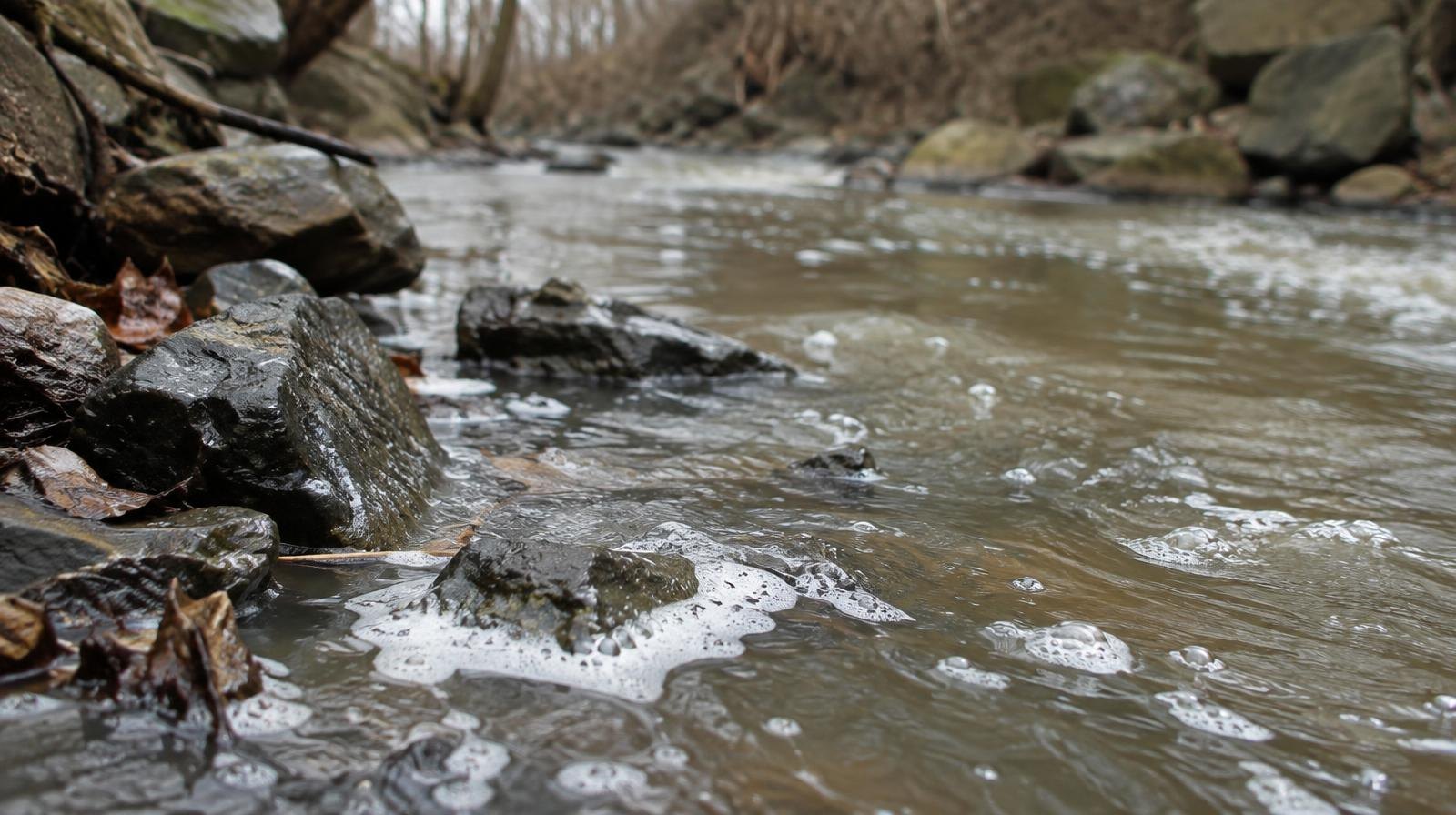 A shallow creek with murky water and foam flowing over rocks near a wooded bank.