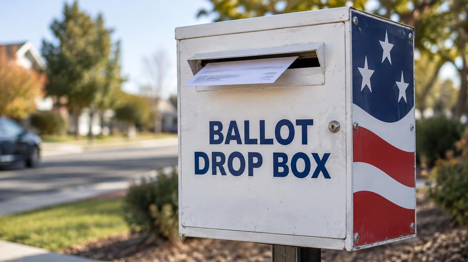 A metal ballot drop box on a post outdoors with a mail slot for completed ballots.