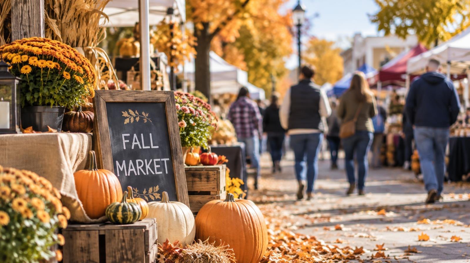 Colorful vendor tents along a pedestrian street with pumpkins and autumn leaves.