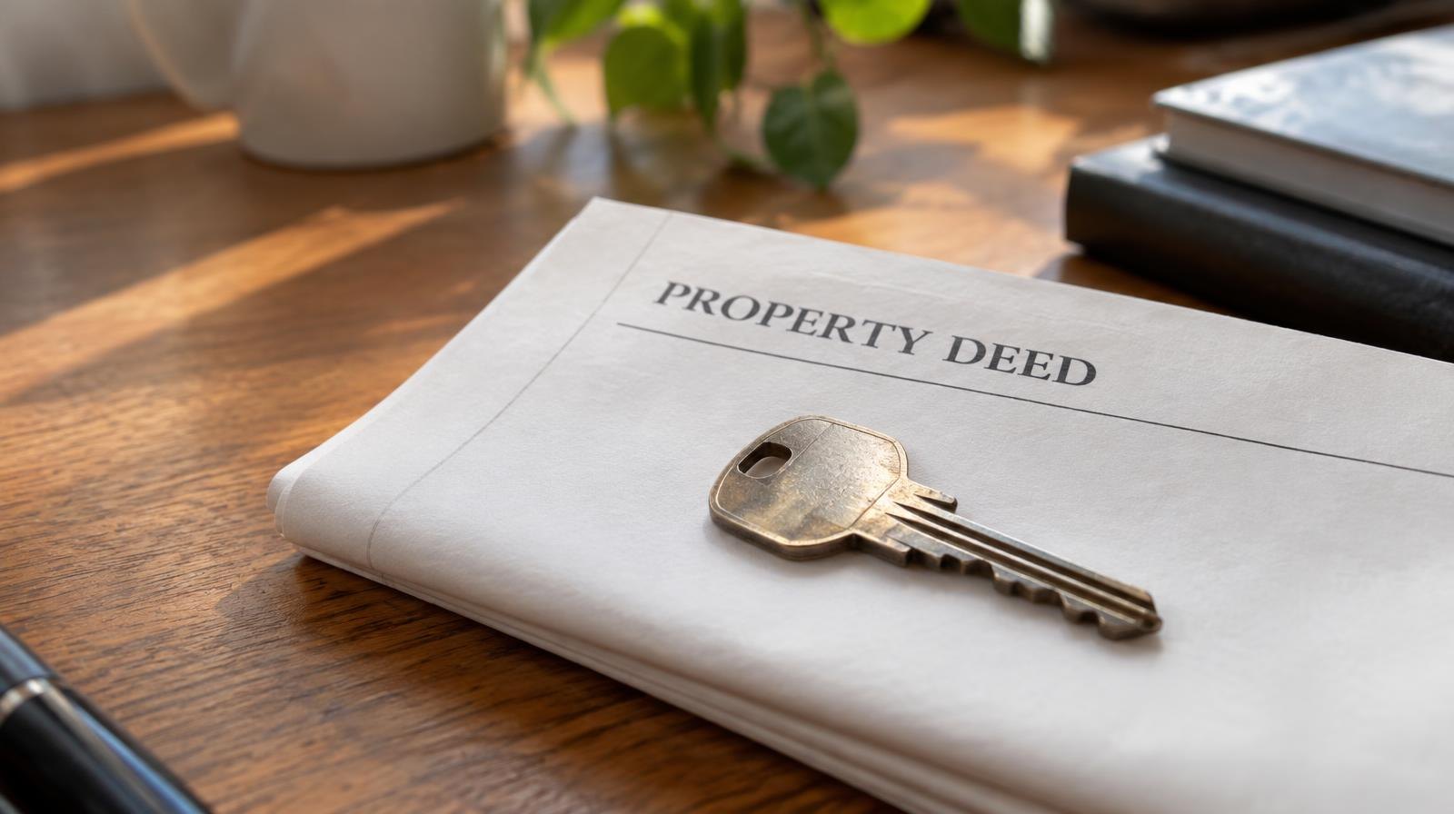 A metal house key resting on a folded paper document on a wooden desk.