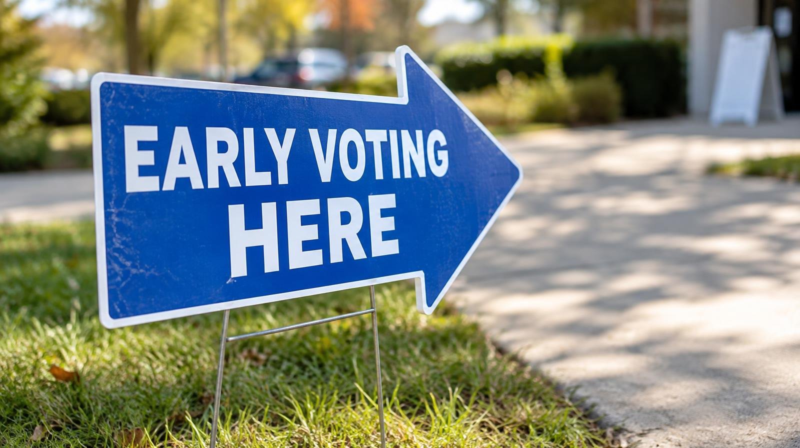 A blue early voting arrow sign on a metal stake in a grassy area near a sidewalk.