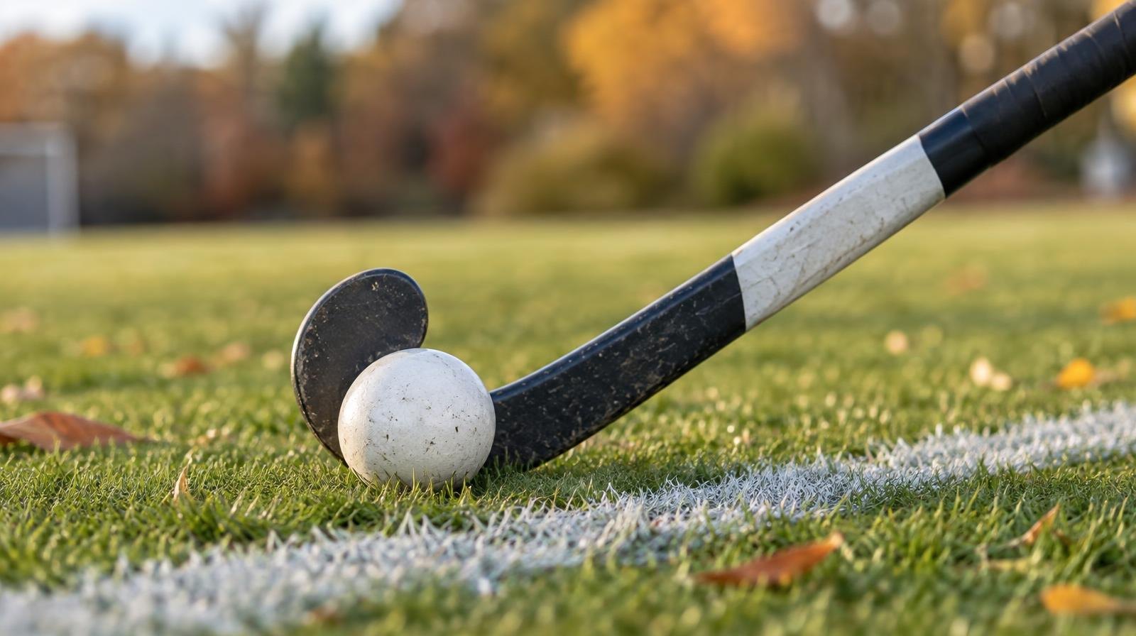 A field hockey stick and ball resting on green grass beside a white line.