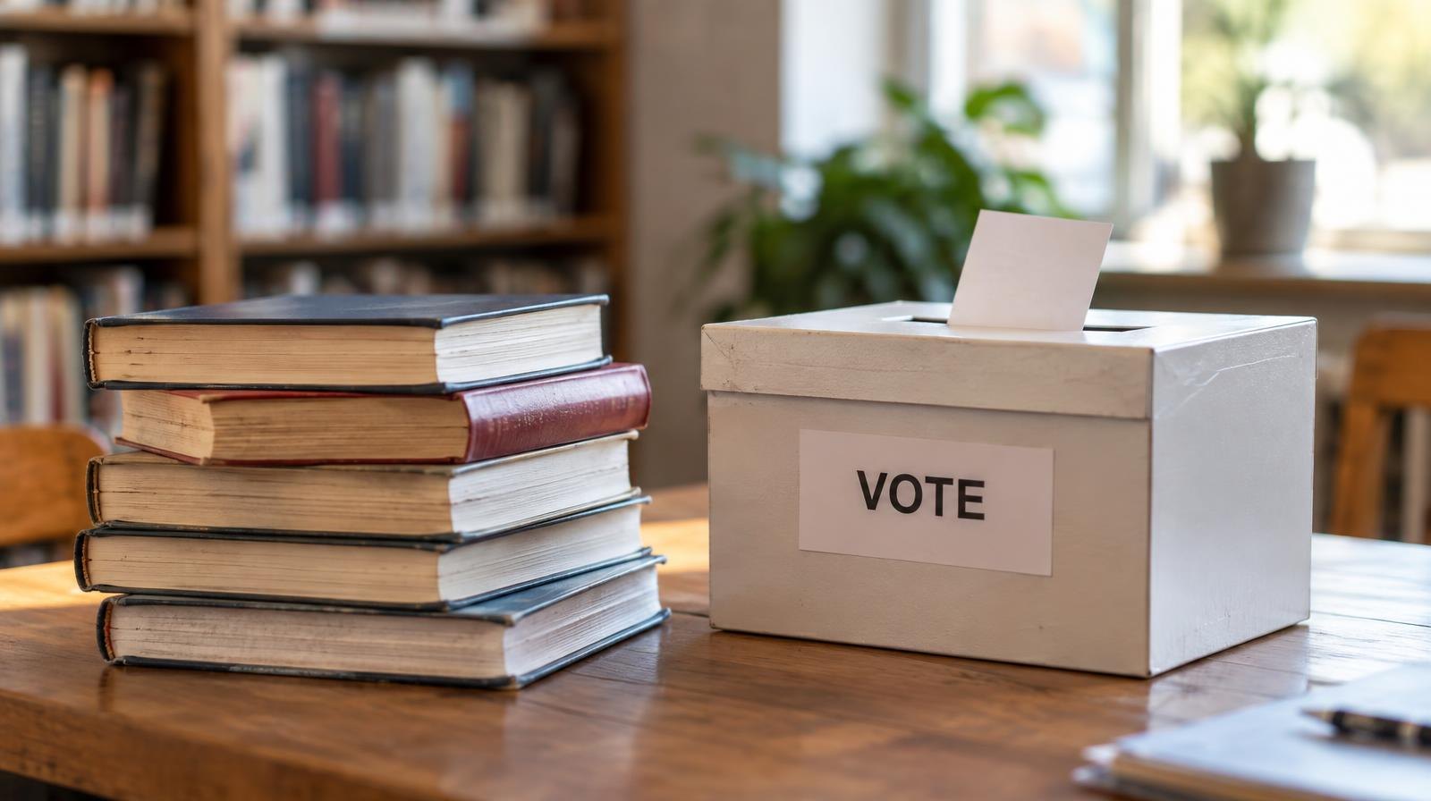 Stack of books on a wooden table next to a small ballot box with a slot on top.