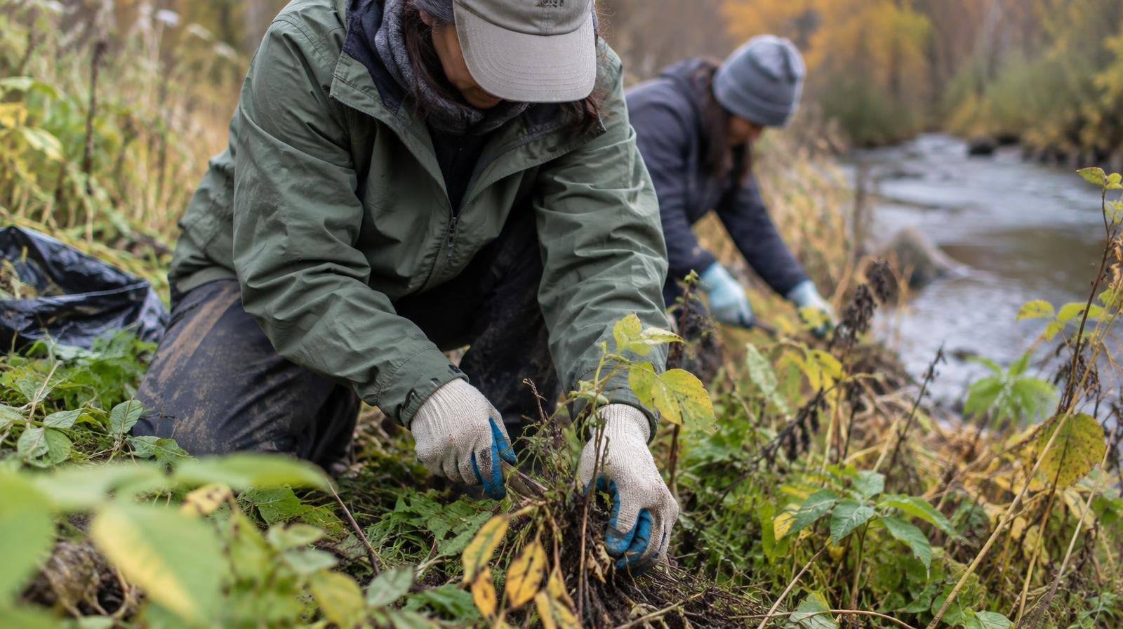 Person in gloves pulling invasive plants along a creek bank with hand tools.