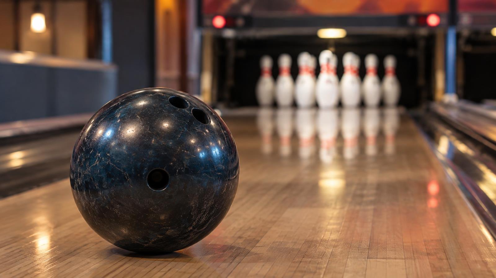 A shiny bowling ball rests on a polished hardwood lane with colorful pins at the far end.