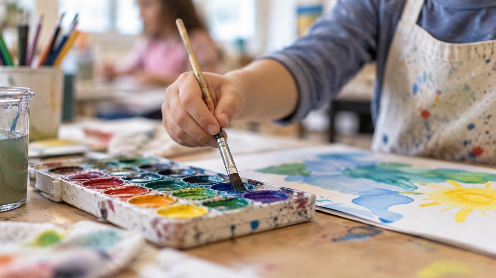 A child's hand holding a paintbrush over a colorful watercolor palette.