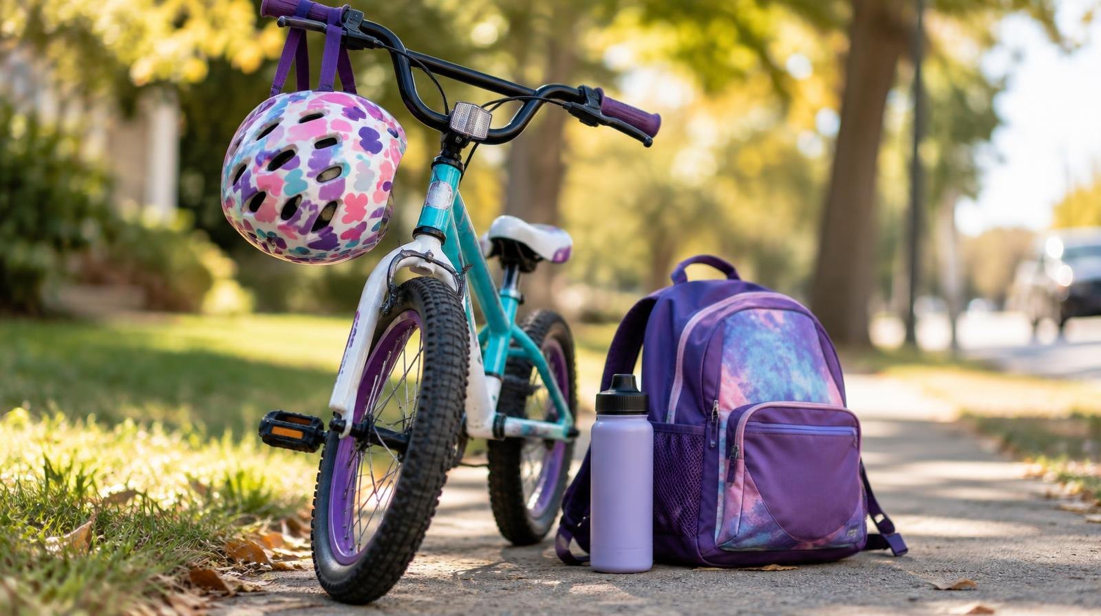 A colorful bicycle with a helmet on the handlebars beside a school backpack on a sidewalk.