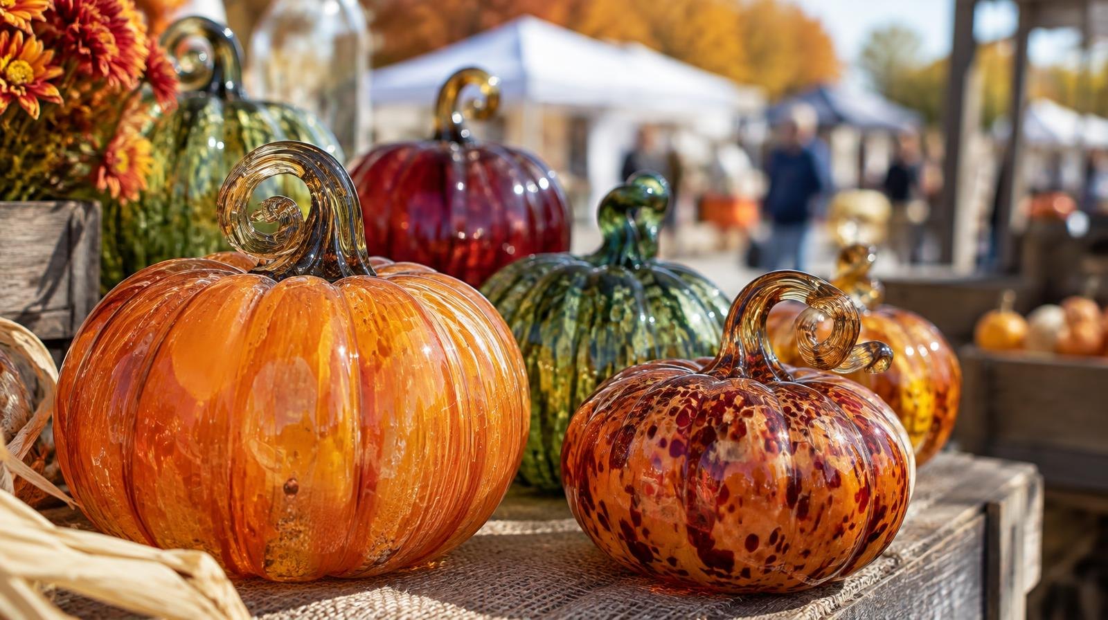 Colorful glass pumpkins in orange, amber, green and red arranged on a display table.