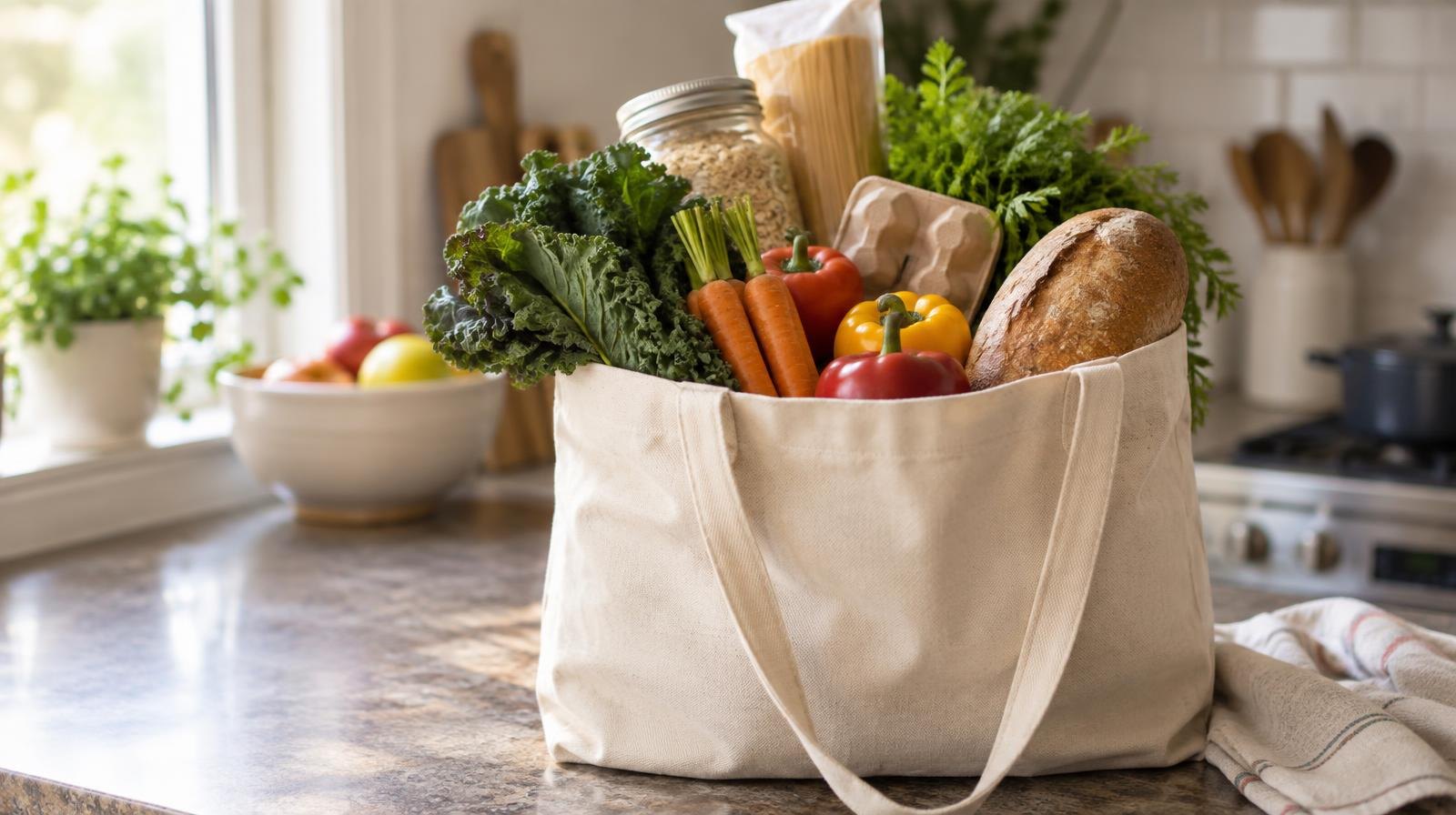 A canvas tote bag filled with fresh vegetables and pantry staples on a kitchen counter.