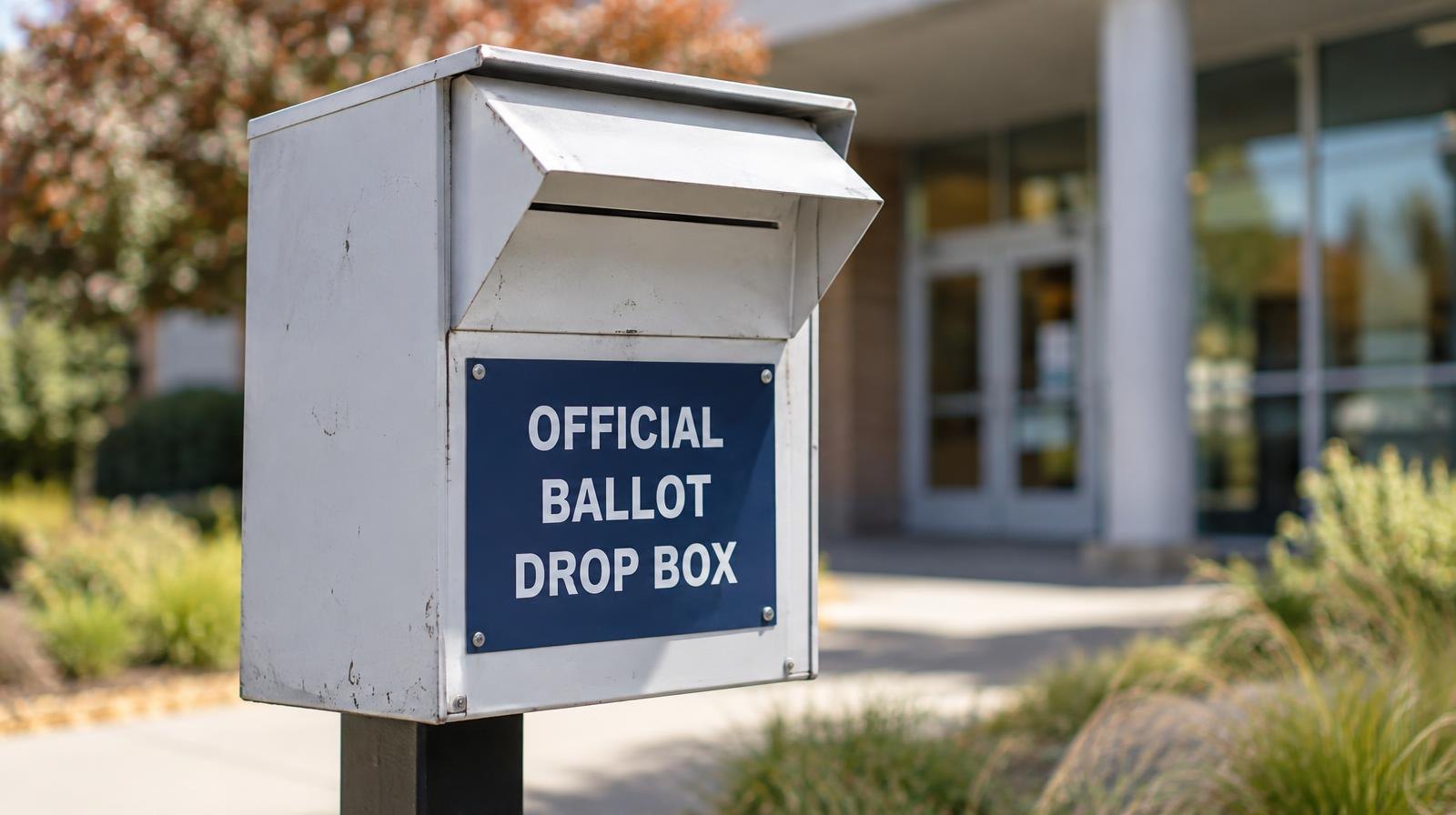 A metal ballot drop box mounted on a post outside a building on a sunny day.