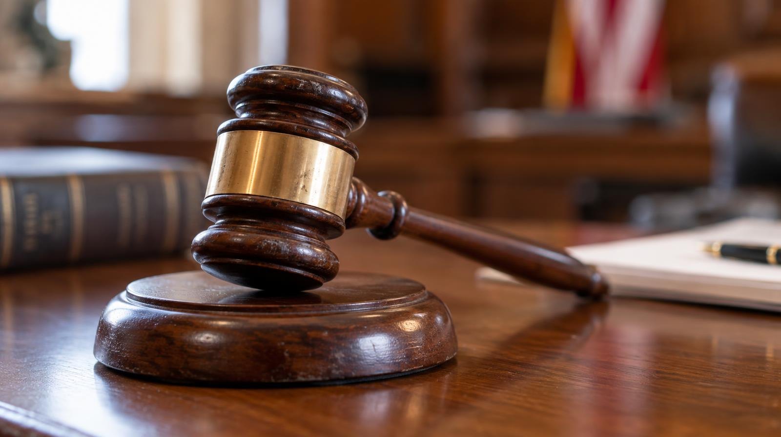 A wooden gavel resting on its sound block on a polished wooden surface.