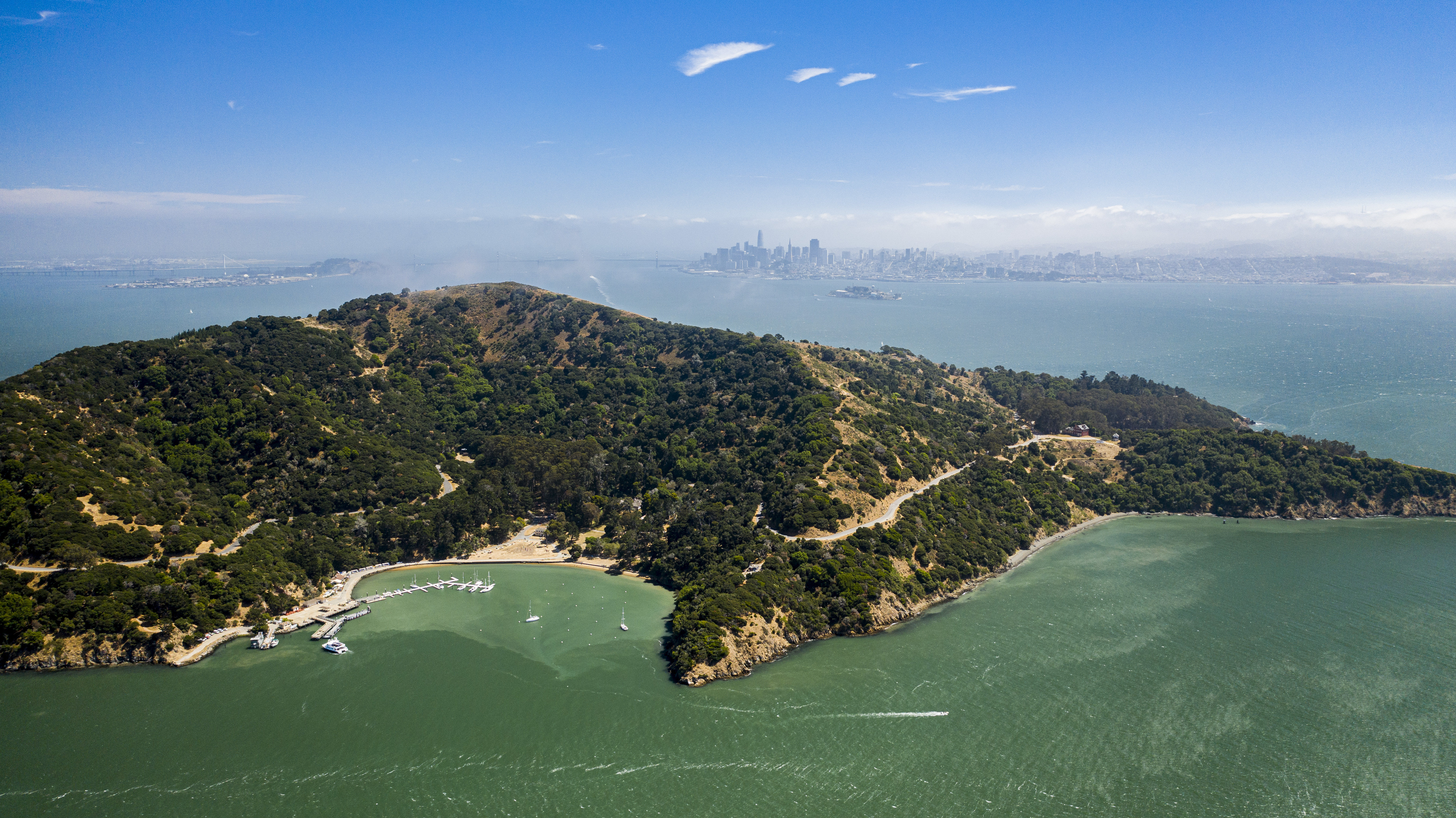 Aerial view of a green island surrounded by bay waters with a city skyline in the background.
