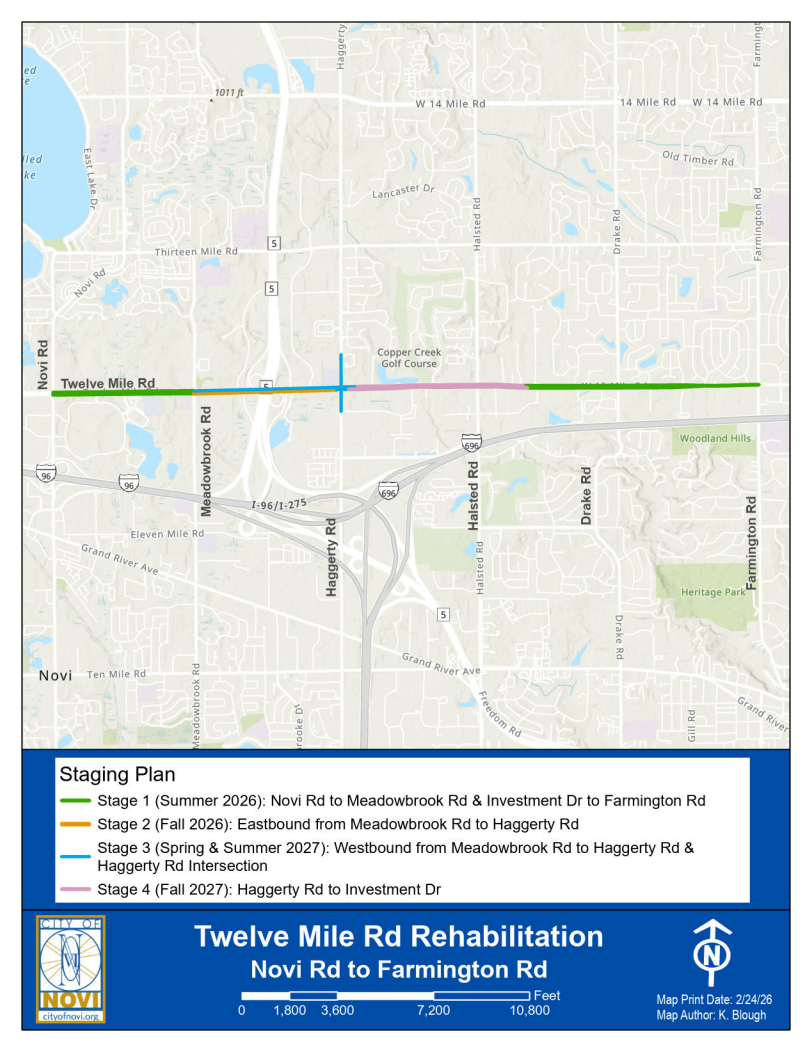 Map showing the four-stage construction plan for the 12 Mile Road rehabilitation project between Novi Road and Farmington Road.