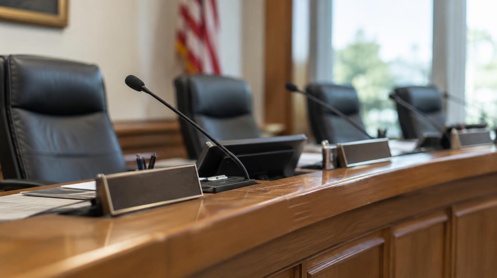 Empty government meeting room with curved wood dais, microphones, and name placards.