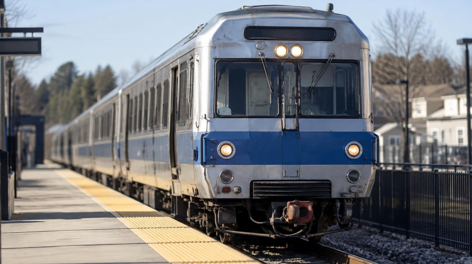 Commuter rail train on tracks at a station platform under a clear sky.
