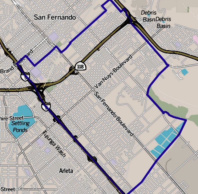 Boundary map of Pacoima neighborhood in Los Angeles showing surrounding streets and communities.