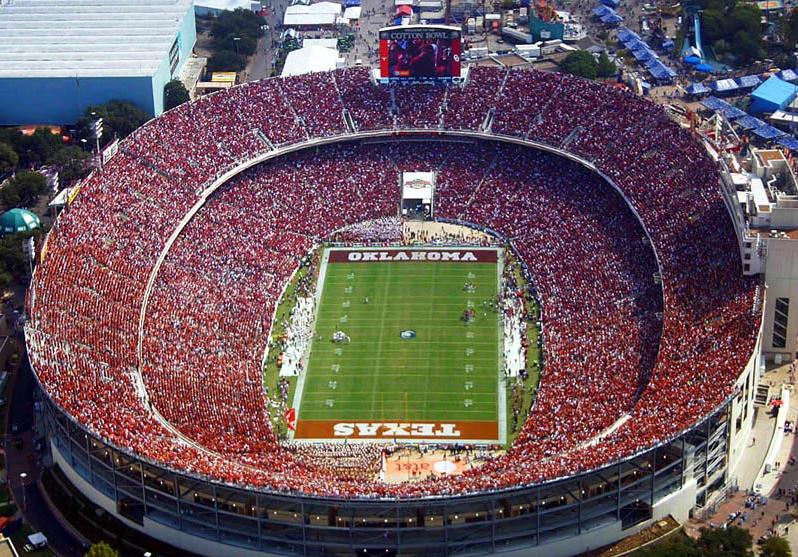 Aerial view of Cotton Bowl stadium with Oklahoma and Texas painted in the end zones.