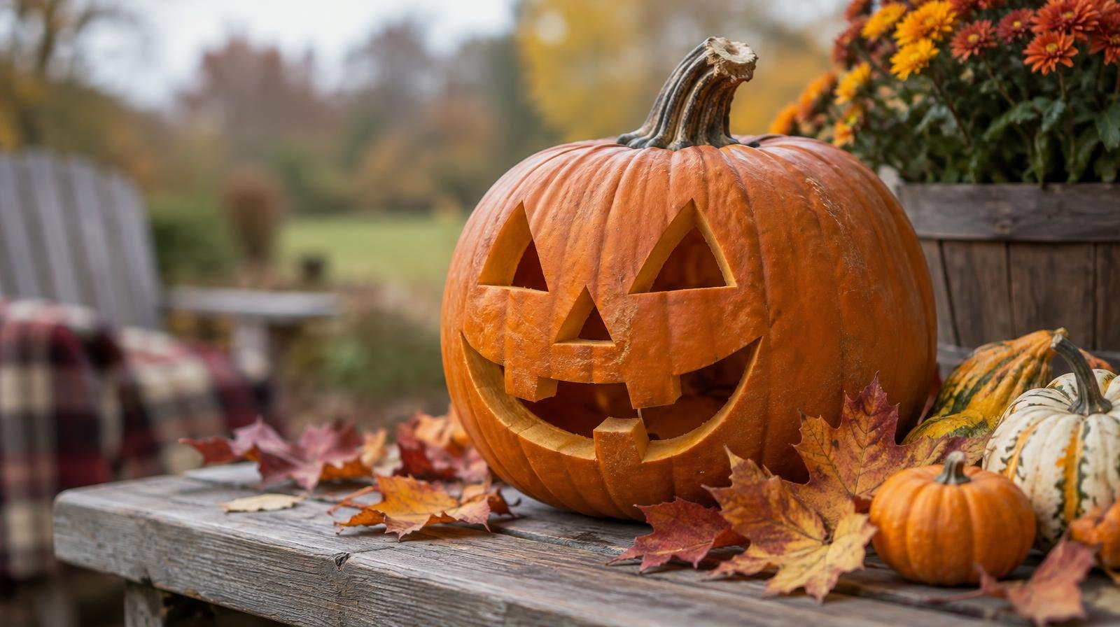 A carved jack-o'-lantern pumpkin on a wooden table with autumn leaves and gourds.