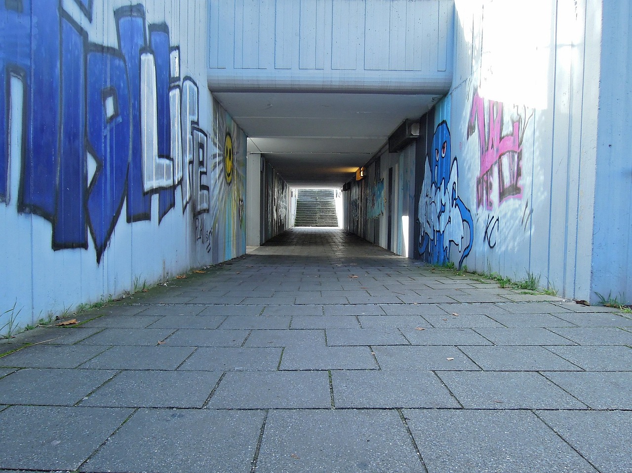 Underpass, railway underpass, pedestrian underpass, concrete, bright, path, light, stairs, passage, graffiti