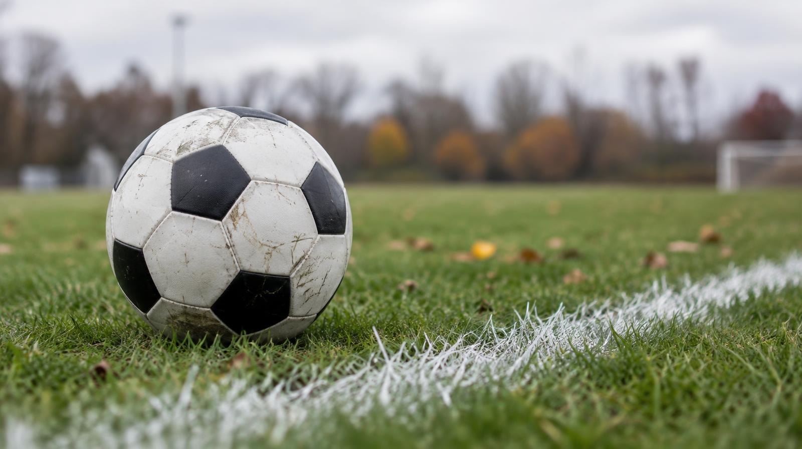 A black-and-white soccer ball resting on a green grass field near a white sideline.