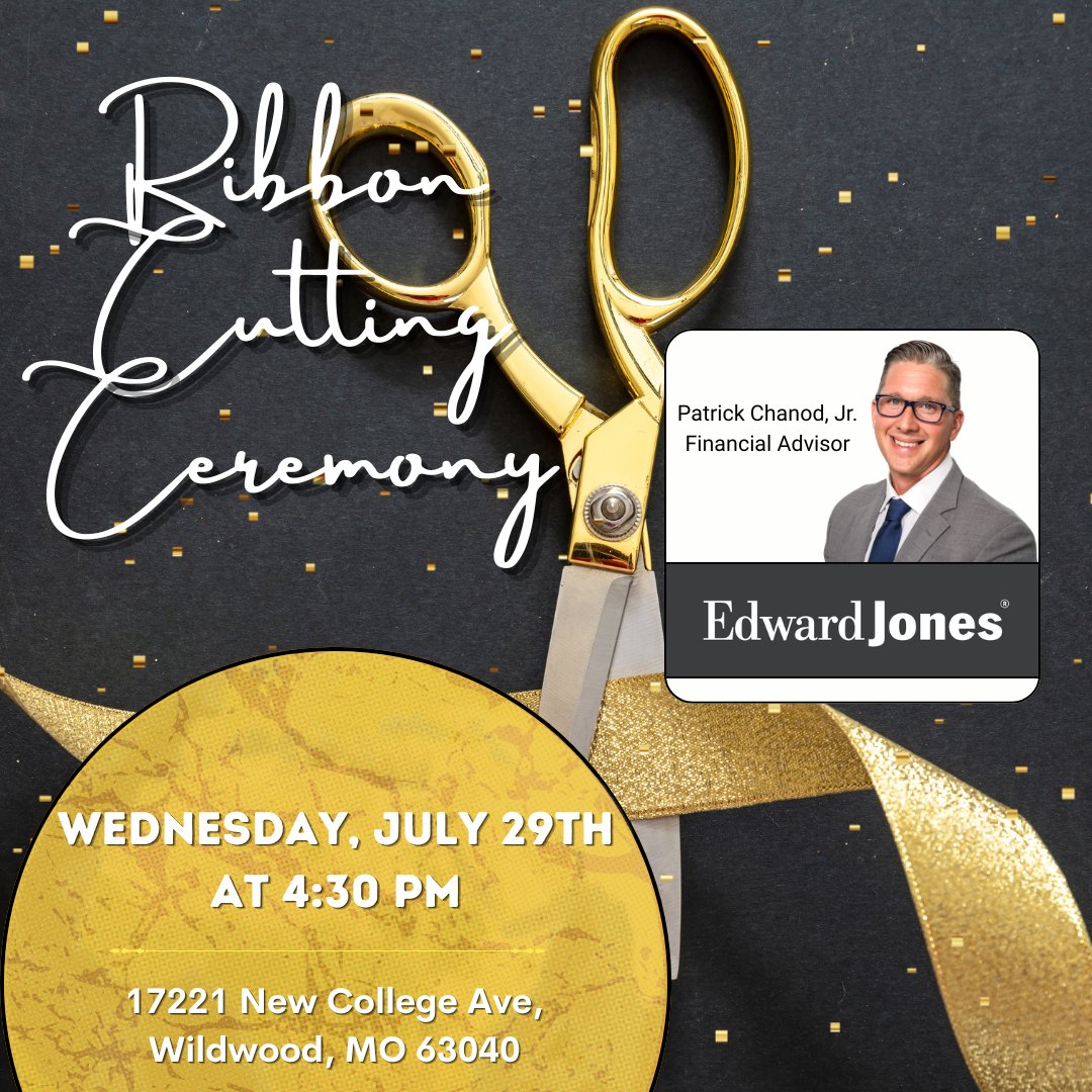 Promotional flyer for an Edward Jones ribbon-cutting ceremony with decorative gold scissors.