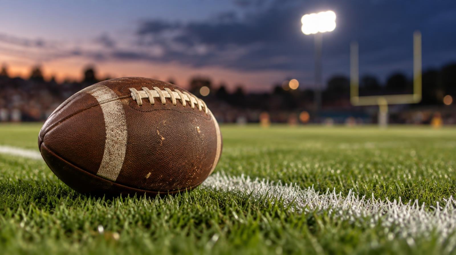 An American football resting on green grass next to a white painted yard line.