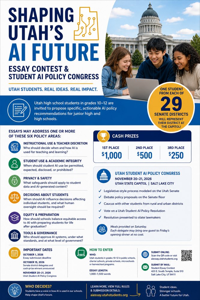 Promotional flyer for the Shaping Utah's AI Future essay contest with contest details and Capitol building image.