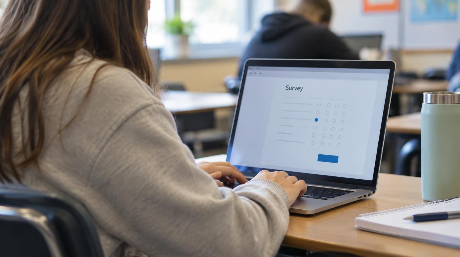 Student at a desk typing on a laptop computer in a bright classroom.
