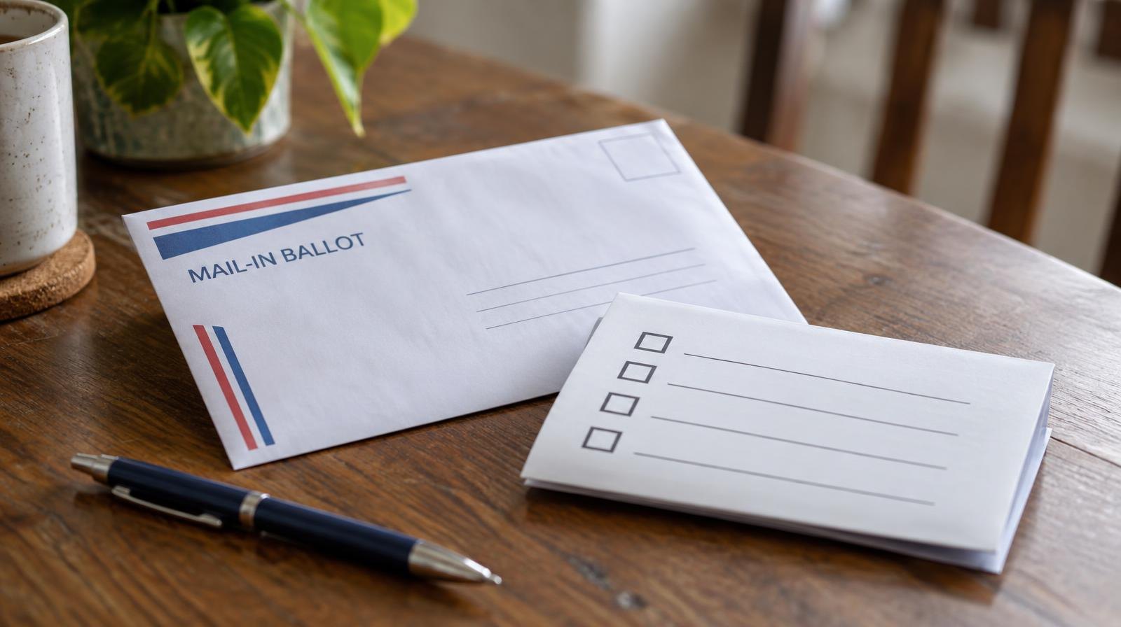 A blank mail-in ballot envelope and folded ballot card on a wooden table with a pen.