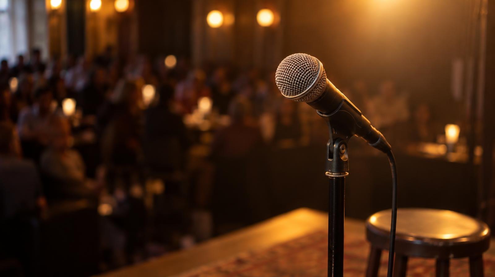 A microphone stand on a small stage bathed in warm amber stage lighting.
