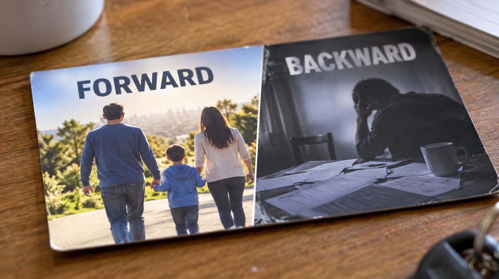 A glossy split-panel campaign mailer resting on a wooden table.