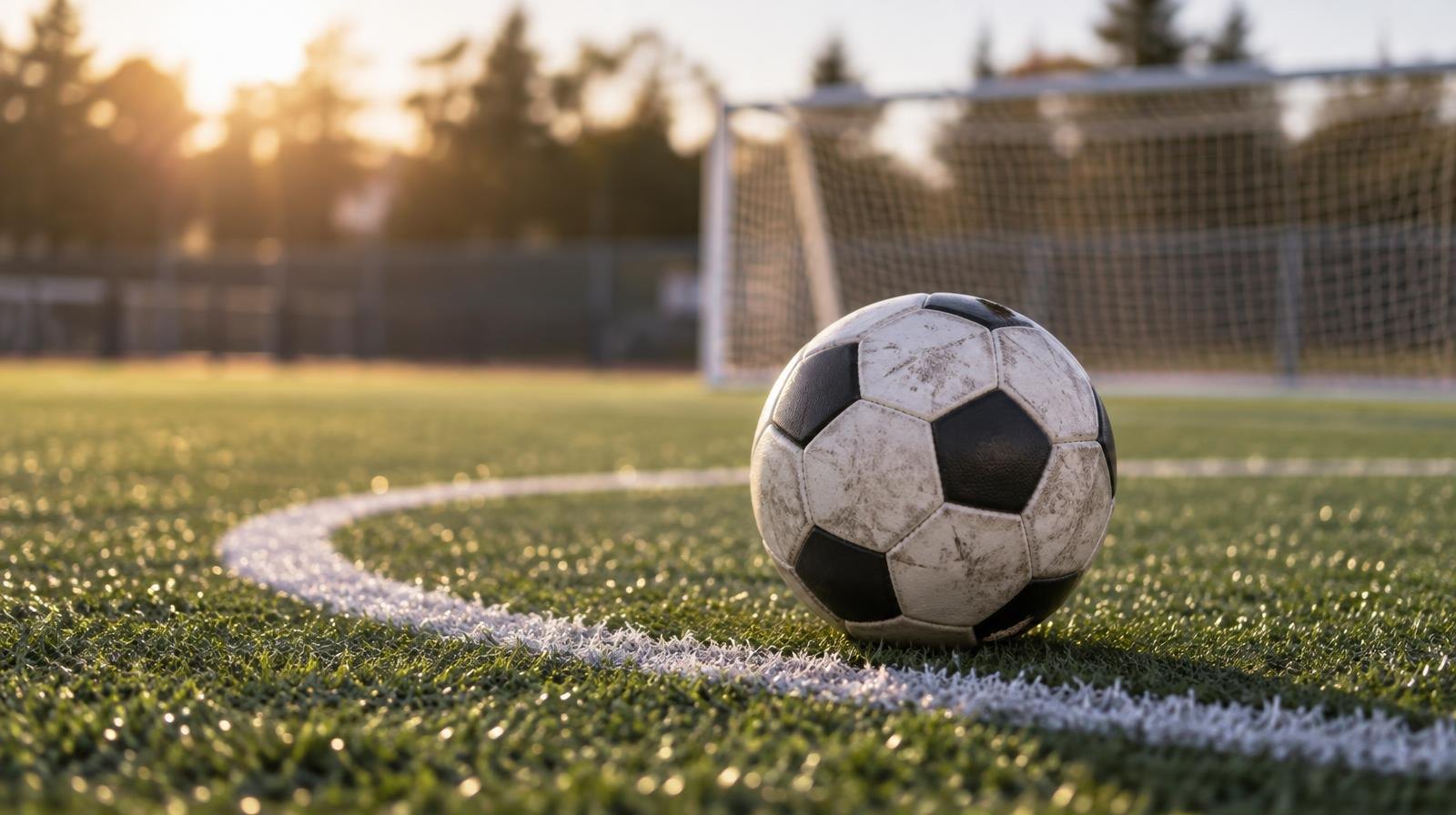 A soccer ball resting on a white line of a green artificial turf field with a goal net in the background.