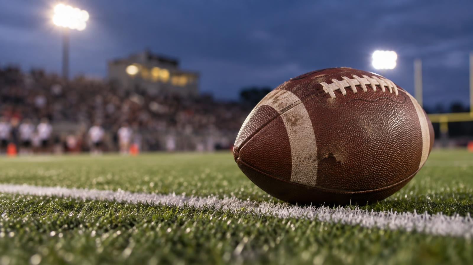An American football resting on green artificial turf beside a white yard line.