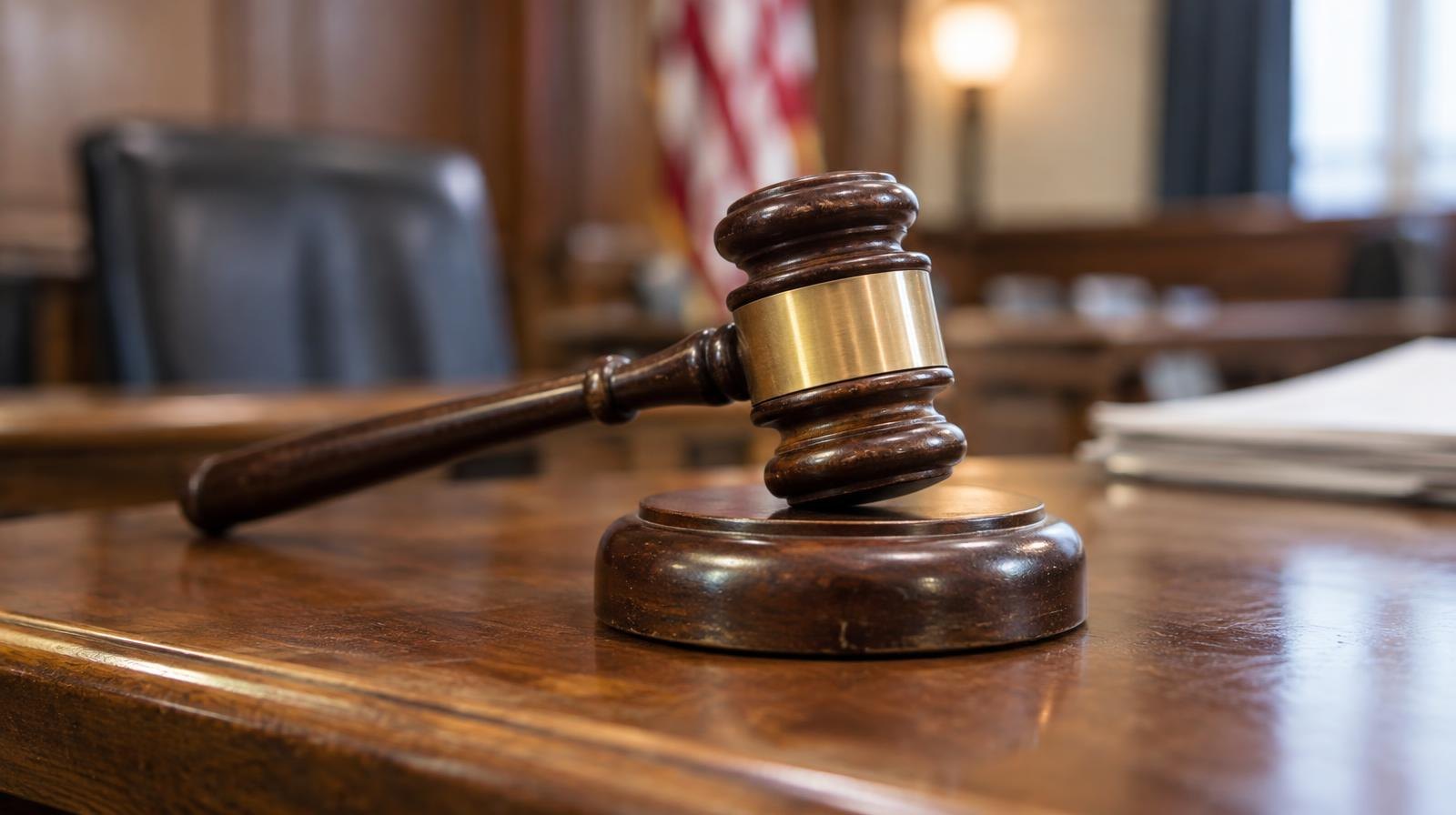 A wooden gavel resting on its sound block on a courtroom bench.