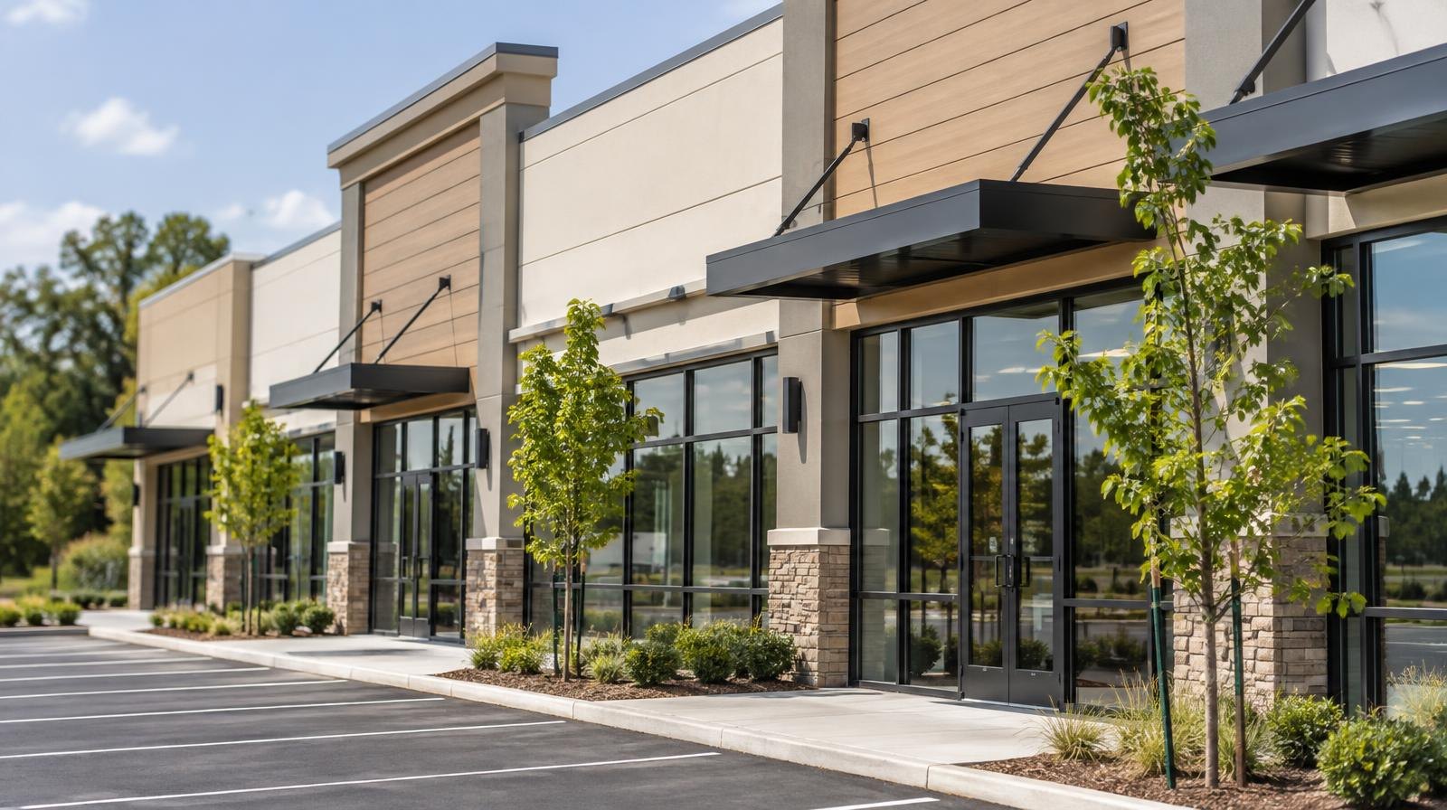 Modern retail shopping center exterior with fresh landscaping and empty parking lot.