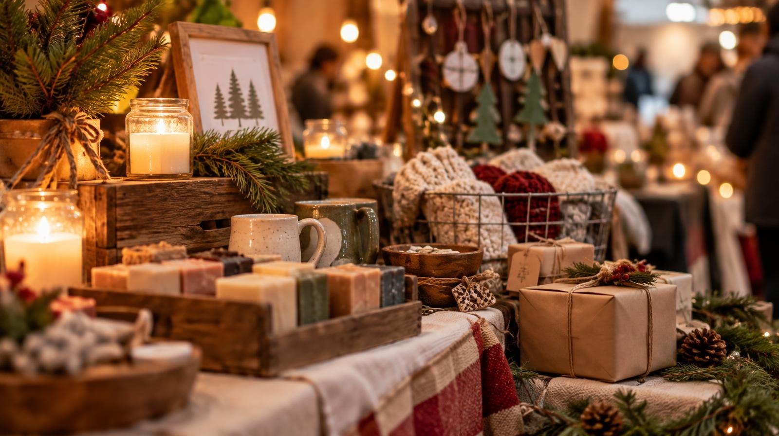 Festive vendor table with handmade crafts, candles, and wrapped gifts under string lights.