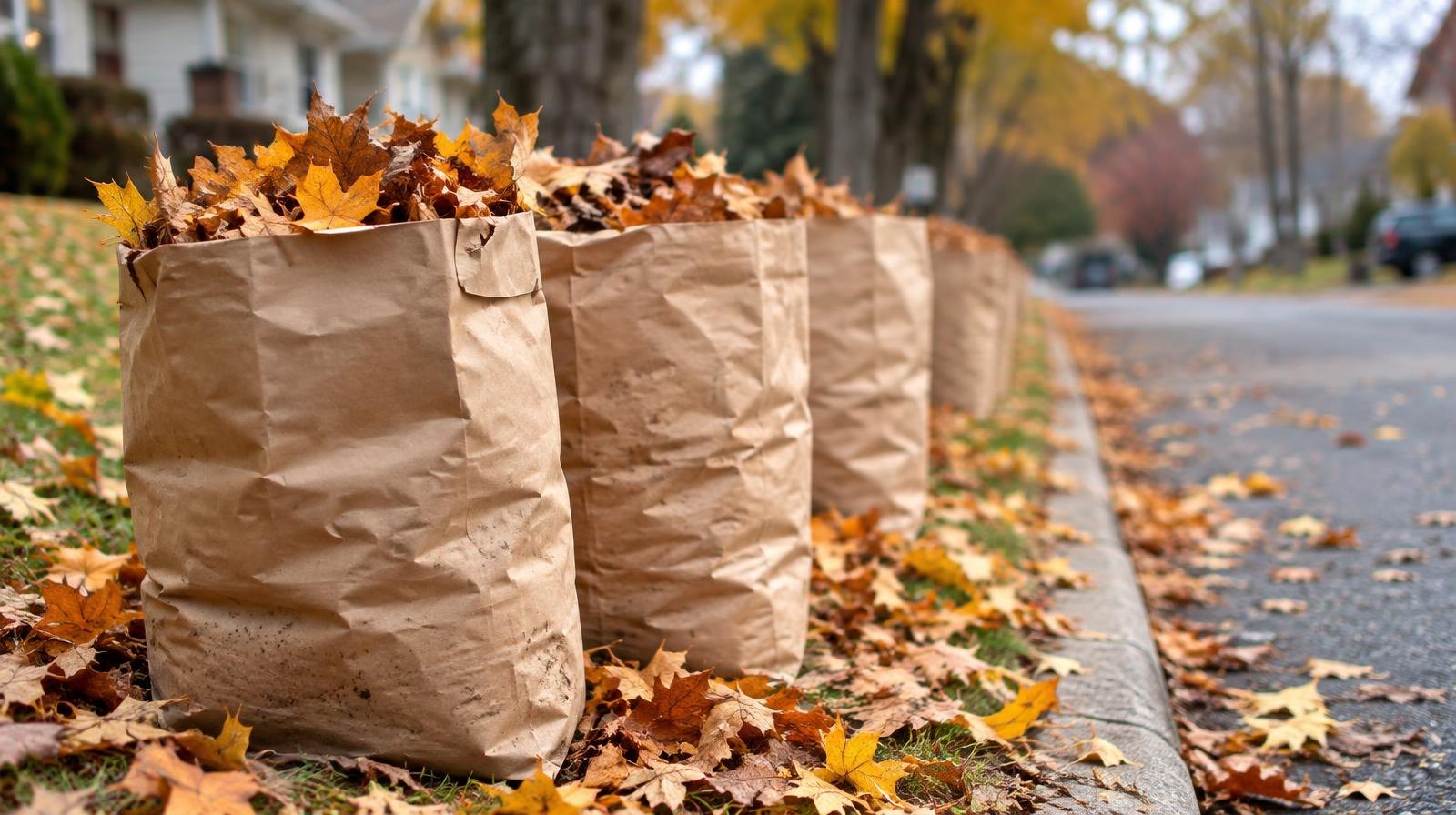 Kraft paper bags stuffed with fallen autumn leaves lined up at a curb.