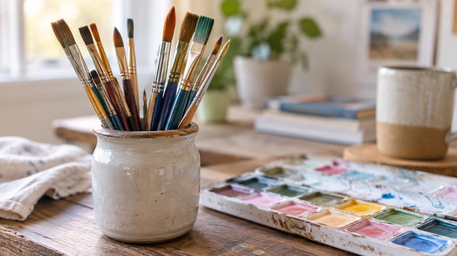 Colorful paintbrushes in a ceramic jar beside a pastel watercolor palette on a wooden table.