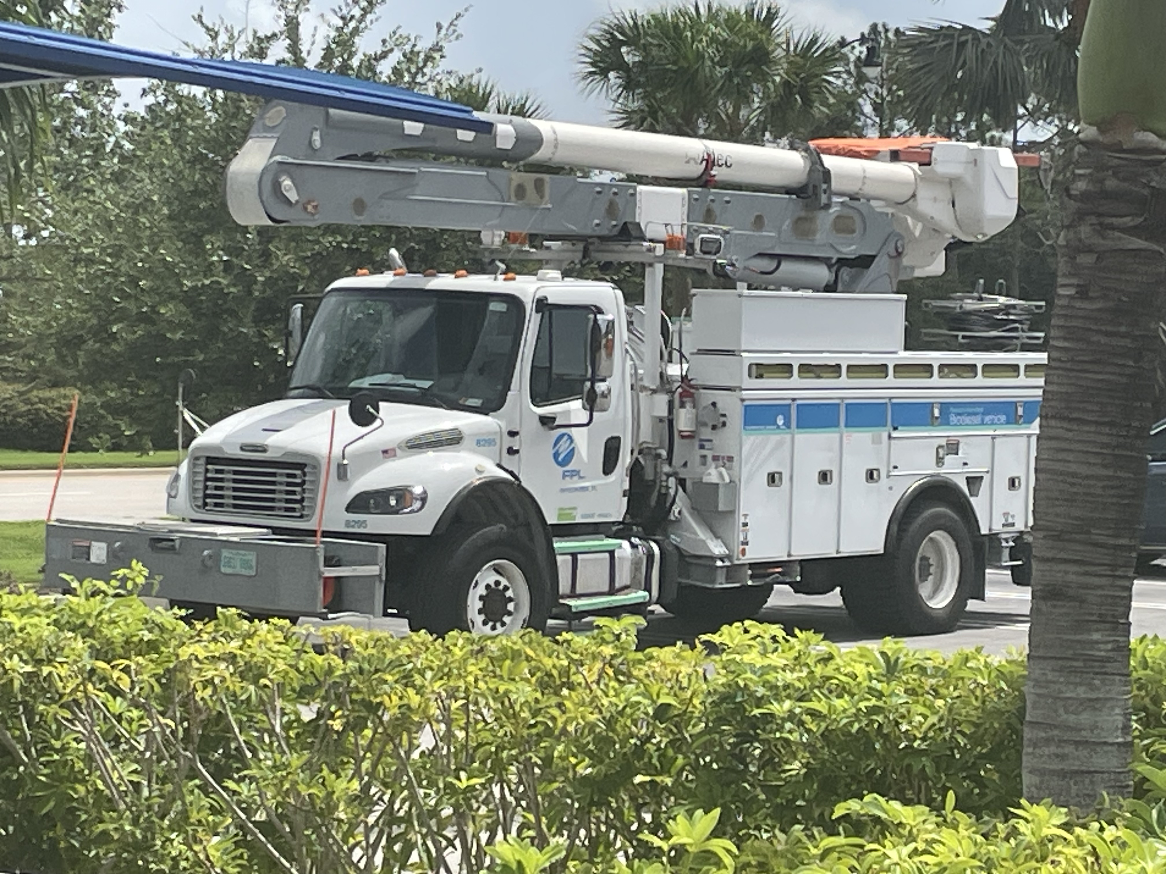 White Florida Power and Light utility boom truck parked outdoors near palm trees.
